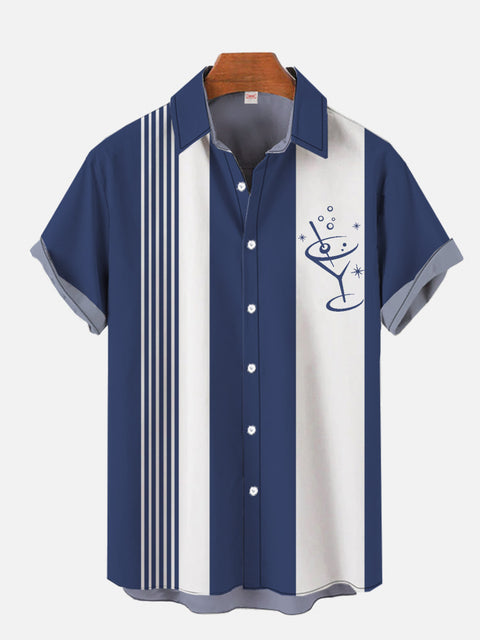 Retro Navy And White Stripes And Cup Pattern Martini Glasses Printing Short Sleeve Shirt