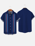 Vintage Blue Pinstripe Stitching Camping Short Sleeve Shirt
