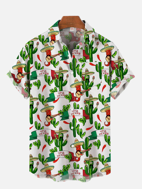 Cinco De Mayo Mexican Cartoon Cactus And Peppers Printing Breast Pocket Short Sleeve Shirt