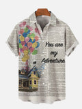 Classic Cartoon Balloon Bundle Flying House With Newspaper Background Printing Short Sleeve Shirt