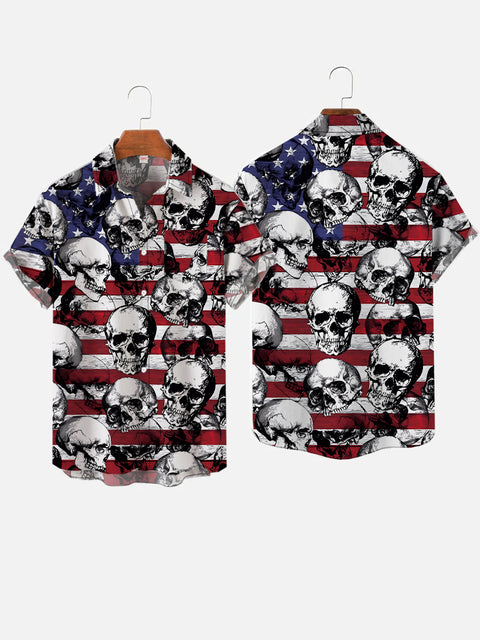 Retro Skulls And American Flag Printing Short Sleeve Shirt