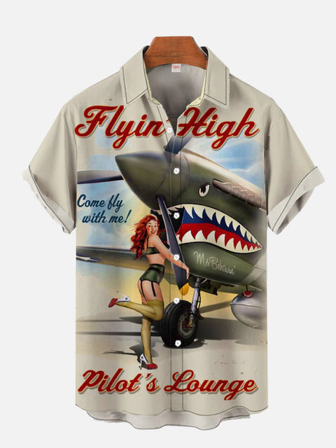 Vintage Pin Up Art Flying High Beauty And Shark Fighter Printing Short Sleeve Shirt