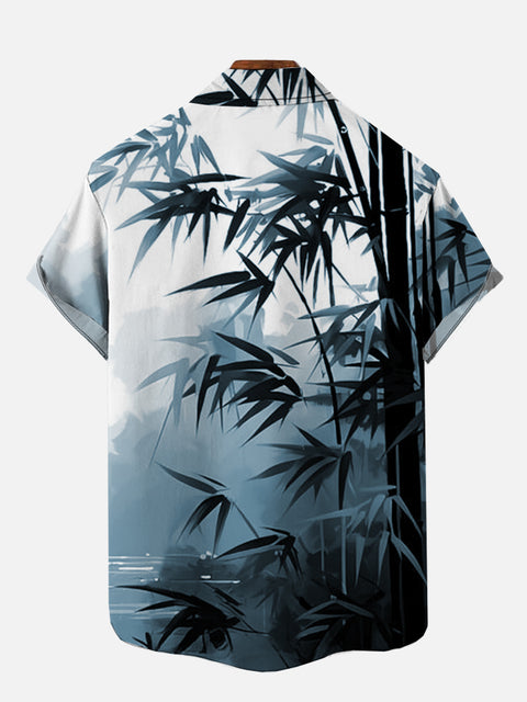 Mysterious Oriental Ink Painting Of Bamboo Forest And Lake Printing Short Sleeve Shirt