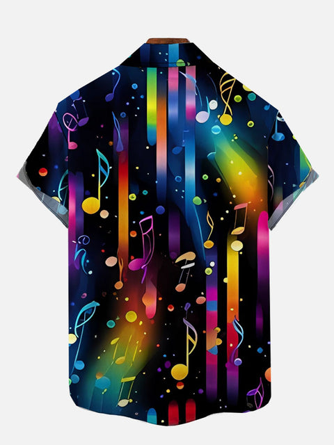 Neon Colored Musical Notes And Stripes Printing Breast Pocket Short Sleeve Shirt