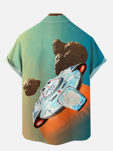 Cyan Space And Sci-Fi Space War Starship Printing Short Sleeve Shirt