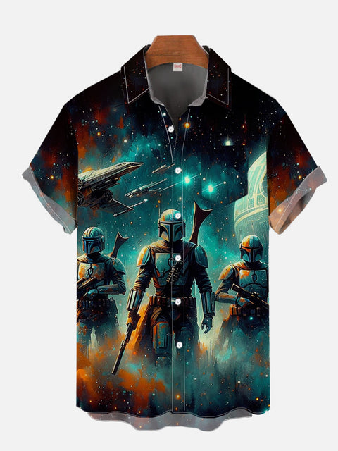 Sci-Fi Flash Star Outer Space And Space Samurai Team Printing Breast Pocket Short Sleeve Shirt