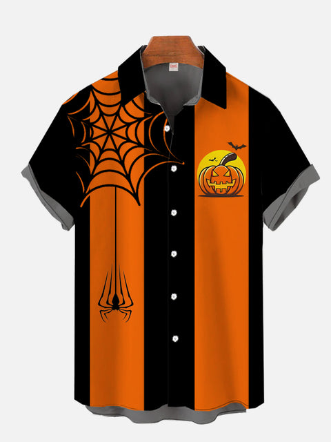 1960s Halloween Element Vintage Black And Orange Stitching Pumpkin And Spider Printing Short Sleeve Shirt