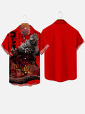 Red Giant Monster Godzilla And Cruise Ship Printing Short Sleeve Shirt