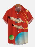 Retro Orange Poster Spaceship And Colorful Planets Printing Short Sleeve Shirt