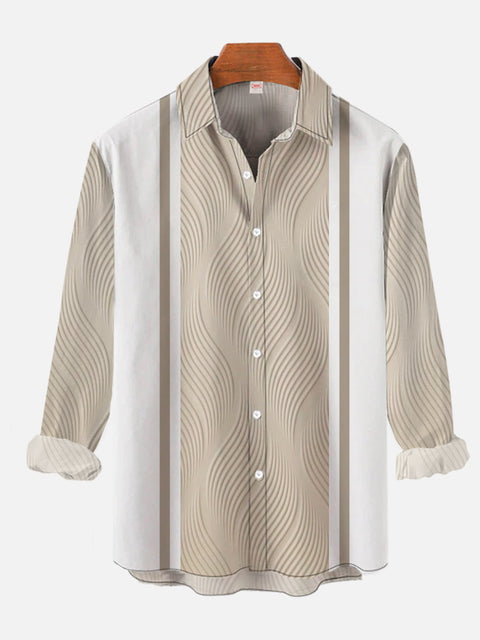 Vintage LightKhaki And White Stitching Stripes Printing Long Sleeve Shirt