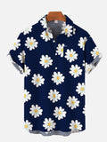 Navy Blue White Elegant Daisy Printing Short Sleeve Shirt