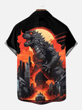 Hawaii Ukiyo-e Monster Art Tyrannical Fire Godzilla Printing Short Sleeve Shirt