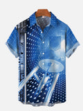 Retro Gradient Blue Poster Sci-Fi Interstellar Travel Spaceship Printing Breast Pocket Short Sleeve Shirt