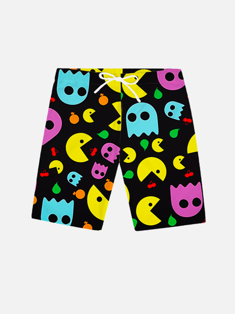 Colorful Cartoon Jellyfish And Yellow Incomplete Round Mouth Monster Printing Shorts