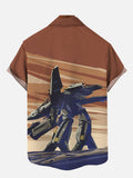 Brown Cartoon Poster Futuristic Sci-Fi Super Deformed Mechanical Warrior Printing Breast Pocket Short Sleeve Shirt