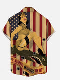 Vintage Pin Up Art Retro American Flag And Cannonball Beauty Printing Short Sleeve Shirt