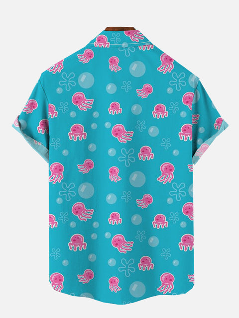 Many Pink Jellyfish Blowing Bubbles In The Sea Printing Breast Pocket Short Sleeve Shirt