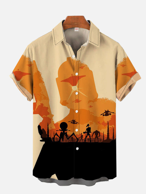Orange Future Samurai Silhouette Black Technology Weapon Printing Short Sleeve Shirt