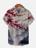 Pink Cherry Blossoms And Ink Landscape Painting Printing Short Sleeve Shirt