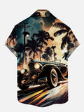 Hawaii Coconut Trees And Classic Car Printing Breast Pocket Short Sleeve Shirt