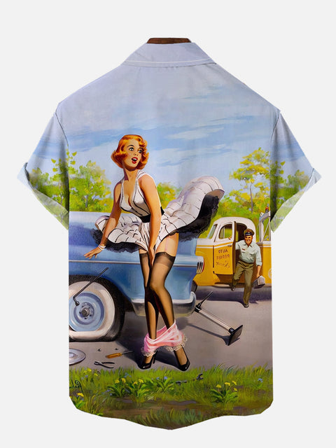 Vintage Pin Up Girl Poster Beauty Repairing Retro Car Printing Breast Pocket Short Sleeve Shirt