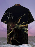 Eye-Catching Fantasy Black Starry Sky Sci-Fi Space War Spaceship Printing Cuban Collar Hawaiian Short Sleeve Shirt