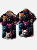 Pet Elements Painting Colorful Cats’ Party Printing Short Sleeve Shirt