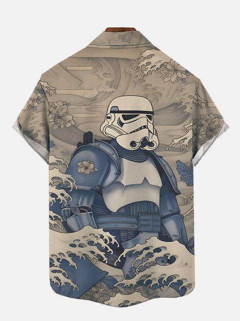 Ukiyo-E Japanese Style Space War Warriors And Waves Printing Short Sleeve Shirt