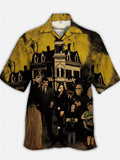 Eye-Catching Yellow Green Horror Castle Black Family Group Photo Printing Cuban Collar Hawaiian Short Sleeve Shirt