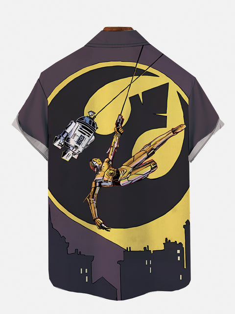 Space War Sci-Fi Robots And Moon City Silhouette Printing Short Sleeve Shirt