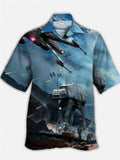 Eye-Catching Sci-Fi Space War Giant Armed Walker And Spaceships Printing Cuban Collar Hawaiian Short Sleeve Shirt
