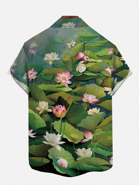 Mysterious Oriental Lotus Pond With Blooming Lotus Flowers And Lotus Leaves Printing Short Sleeve Shirt