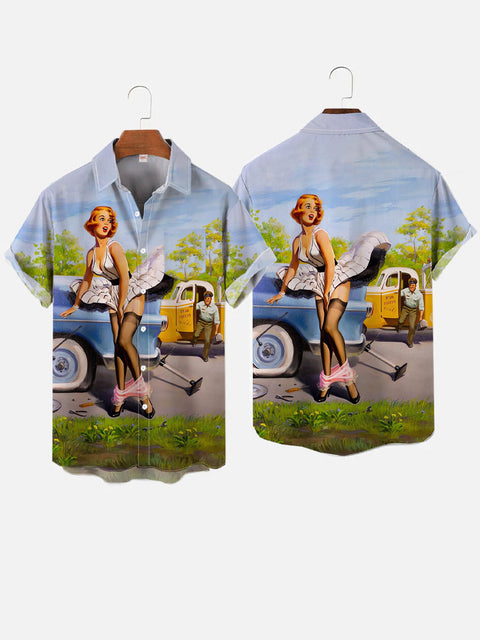 Vintage Pin Up Girl Poster Beauty Repairing Retro Car Printing Breast Pocket Short Sleeve Shirt