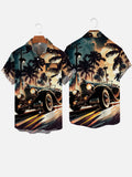 Hawaii Coconut Trees And Classic Car Printing Breast Pocket Short Sleeve Shirt