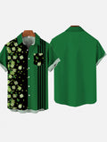 St. Patrick'S Day Black And Green Stripes And Four-Leaf Clovers Printing Breast Pocket Short Sleeve Shirt