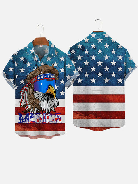 Merica American Flag And Eagle Printing Short Sleeve Shirt
