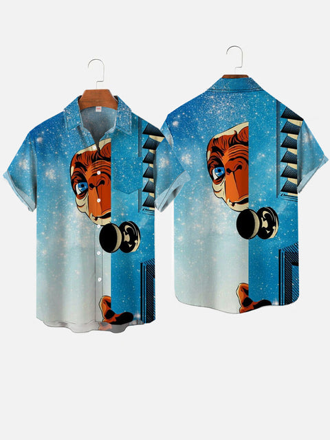 Blue Fantasy Cartoon Style Opened Doors Printing Breast Pocket Short Sleeve Shirt