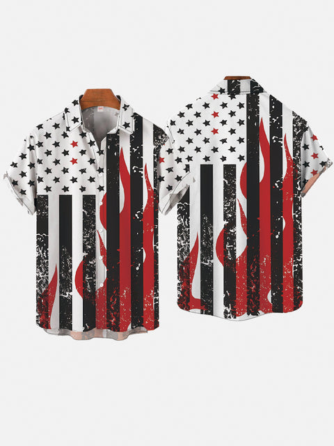 Vintage Flame And Black And White American Flag Printing Short Sleeve Shirt