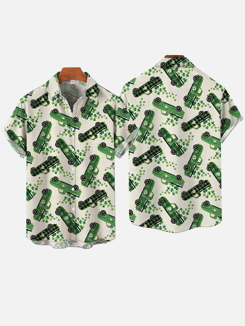 St. Patrick'S Day Green Trucks And Clovers Printing Short Sleeve Shirt