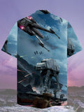 Eye-Catching Sci-Fi Space War Giant Armed Walker And Spaceships Printing Cuban Collar Hawaiian Short Sleeve Shirt