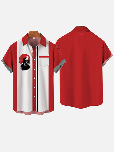 Retro Red And White Stitching Space Samurai And Planet Printing Short Sleeve Shirt