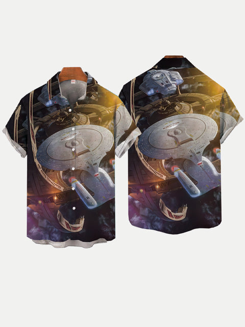 Hawaiian Sci-Fi Space Station And Spaceship Printing Short Sleeve Shirt