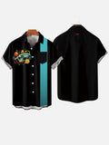 Vintage Black And Cyan Stripe Galaxy And Spaceship Printing Breast Pocket Short Sleeve Shirt