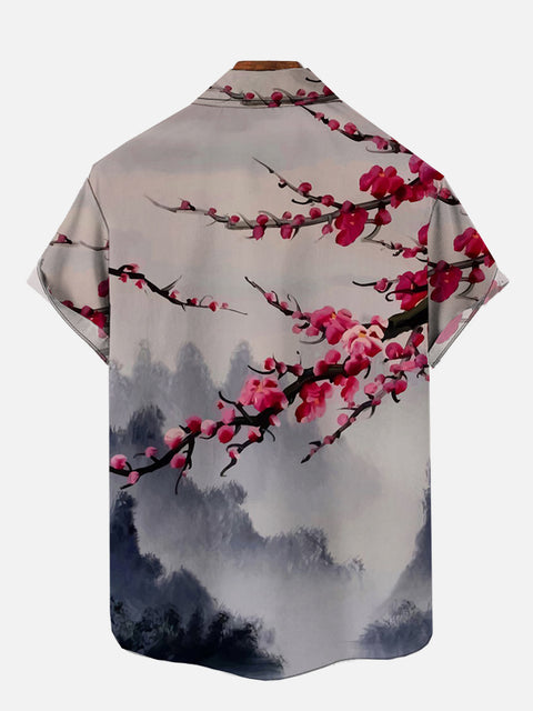 Pink Cherry Blossoms And Ink Landscape Painting Printing Short Sleeve Shirt