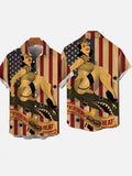 Vintage Pin Up Art Retro American Flag And Cannonball Beauty Printing Short Sleeve Shirt