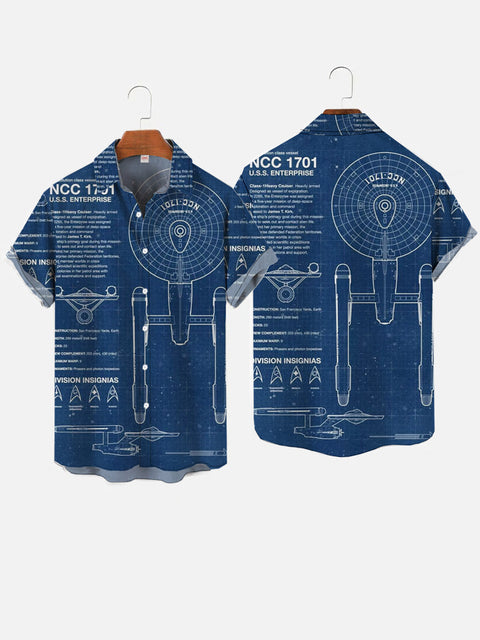 Navy Blue Sci-Fi Interstellar Travel Fleet Starship Diagram Printing Short Sleeve Shirt