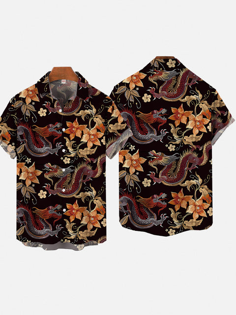 Mysterious Oriental Auspicious Dragon And Flower Printing Short Sleeve Shirt