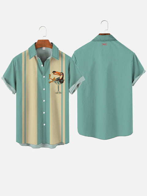 Retro Teal And Wheat Stripes And Toucan In Champagne Glass Printing Printing Short Sleeve Shirt