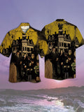 Eye-Catching Yellow Green Horror Castle Black Family Group Photo Printing Cuban Collar Hawaiian Short Sleeve Shirt