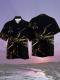 Eye-Catching Fantasy Black Starry Sky Sci-Fi Space War Spaceship Printing Cuban Collar Hawaiian Short Sleeve Shirt